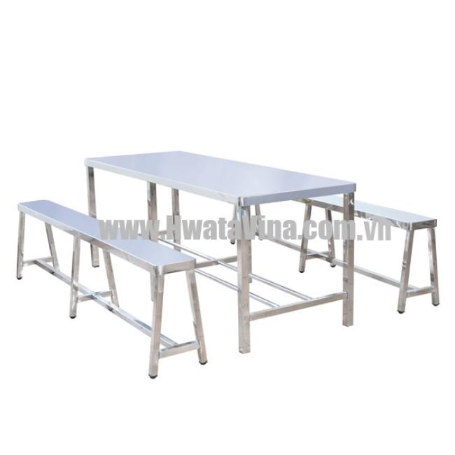 Bàn inox chữ nhật có 2 ghế cố định
